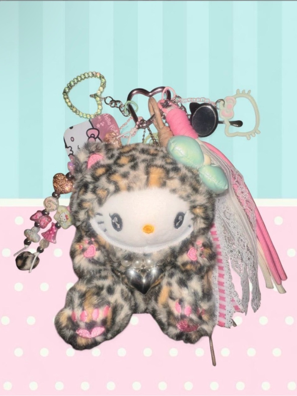 Handmade Y2K Hello Kitty Plush Leopard Print Keychain - Pink Accents